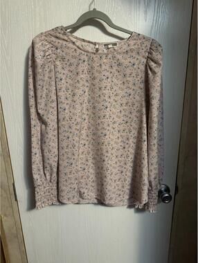 Pleione Womens Blouse Size Large Blush Pink Blue Floral Ditsy Puff Sleeve BOHO